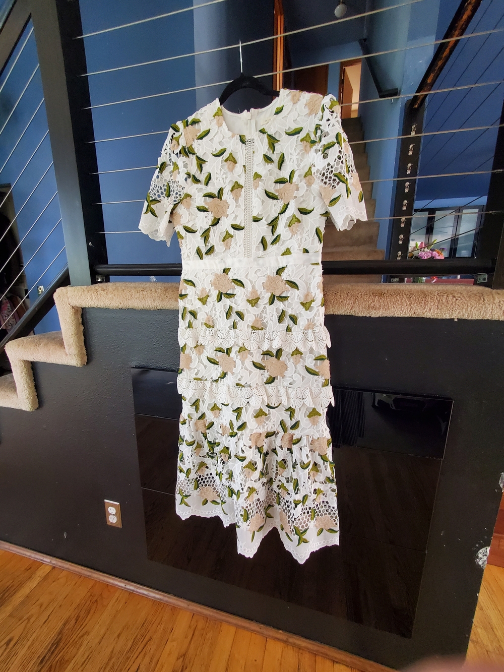 Just Me White Lace Maxi Dress with Beige Flowers and Green Leaves